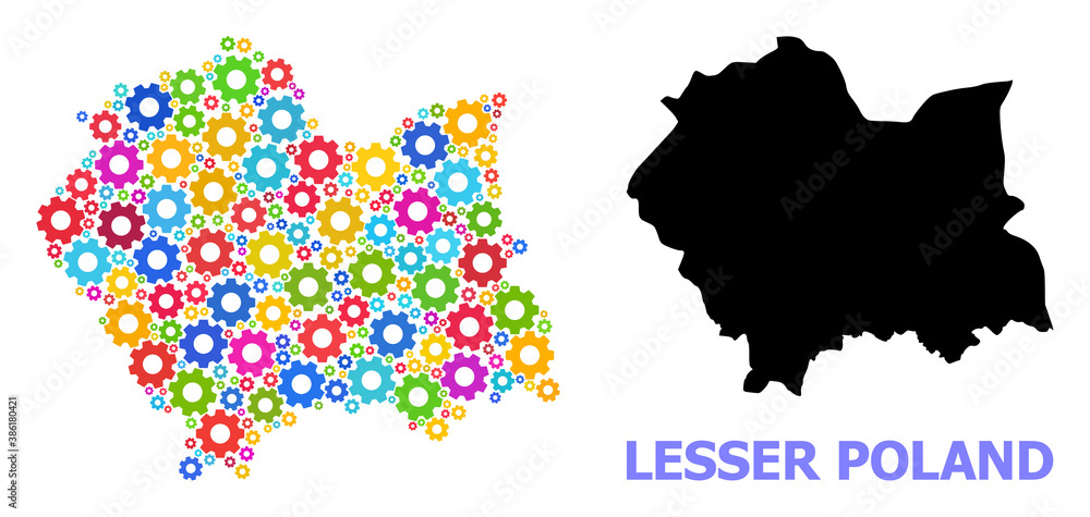 Obraz premium Vector mosaic map of Lesser Poland Province organized for engineering. Mosaic map of Lesser Poland Province is shaped of random colorful gear wheels. Engineering items in bright colors.