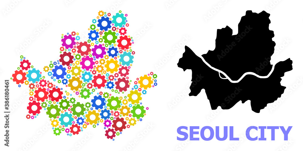 Vector mosaic map of Seoul Municipality created for industrial apps. Mosaic map of Seoul Municipality is constructed with scattered bright cogs. Engineering items in bright colors.