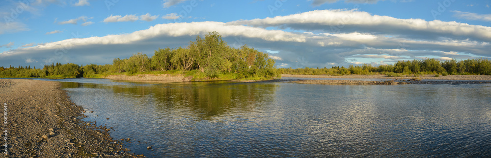 Panorama of a wild river in the circumpolar Urals. Panorama of a wild river in the circumpolar Urals.