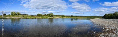 Panorama of a wild river in the circumpolar Urals.