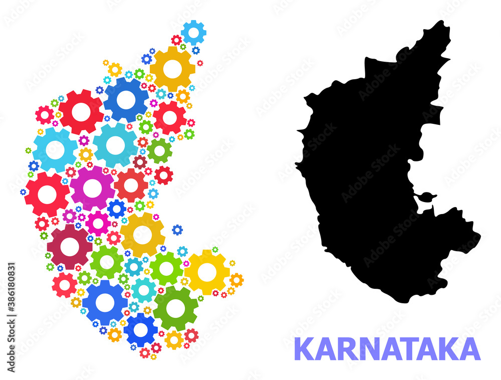 Vector mosaic map of Karnataka State designed for engineering. Mosaic map of Karnataka State is composed of randomized colorful gears. Engineering items in bright colors.