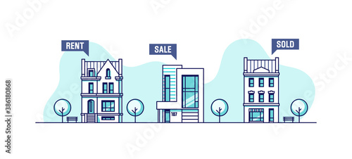 Real estate business concept. Set of urban houses. Vector illustration.