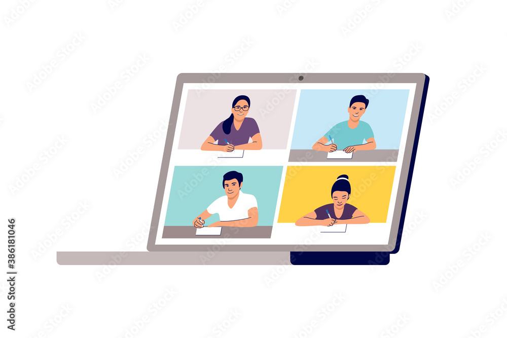 Online remote learning. School learning, study from home via teleconference or web video conference call. Vector illustration. Online remote learning. School learning, study from home via teleconference or web video conference call. Vector illustration.