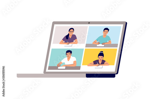 Online remote learning. School learning, study from home via teleconference or web video conference call. Vector illustration.