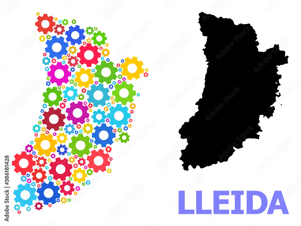 Vector mosaic map of Lleida Province organized for mechanics. Mosaic map of Lleida Province is made from random bright gears. Engineering items in bright colors.