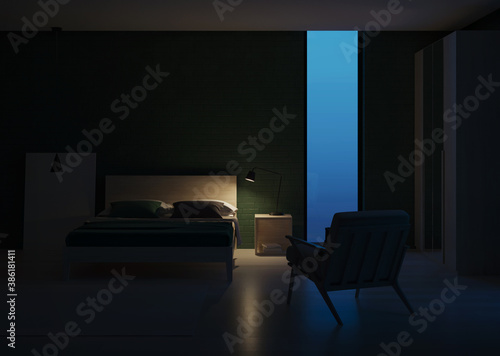 Modern bedroom interior. Emerald color in the interior. Night. Evening lighting. 3D rendering. © artemp1