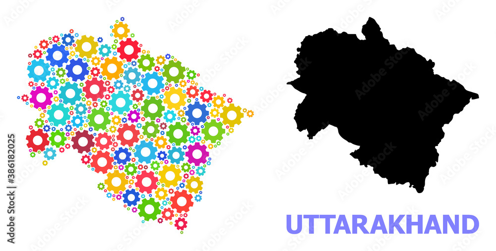 Vector mosaic map of Uttarakhand State created for engineering. Mosaic map of Uttarakhand State is designed from random colored wheels. Engineering components in bright colors.