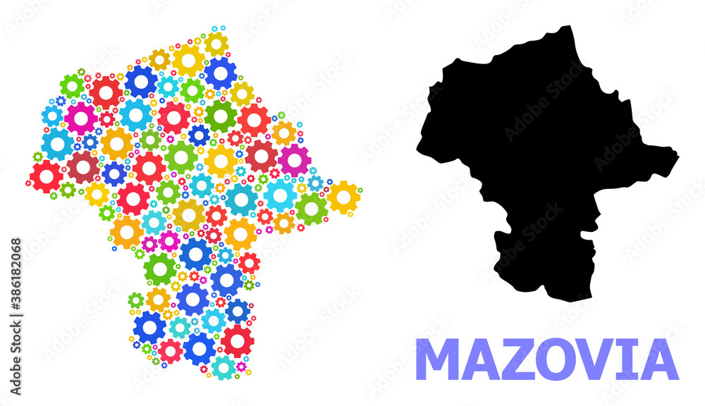 Vector mosaic map of Mazovia Province designed for services. Mosaic map of Mazovia Province is composed of randomized bright gears. Engineering components in bright colors.