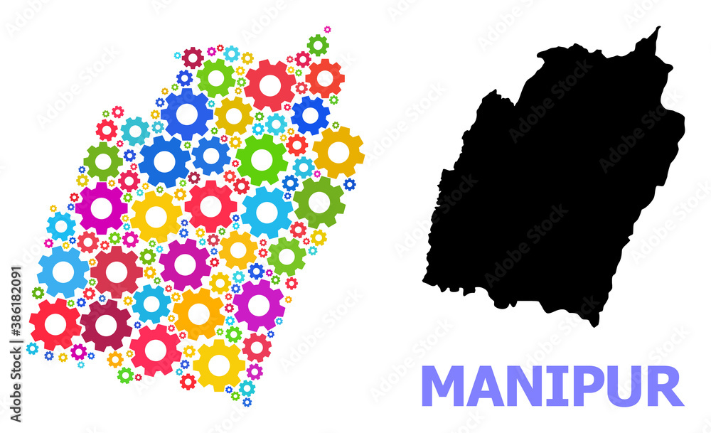 Vector mosaic map of Manipur State created for engineering. Mosaic map of Manipur State is organized with scattered colored gear wheels. Engineering components in bright colors.