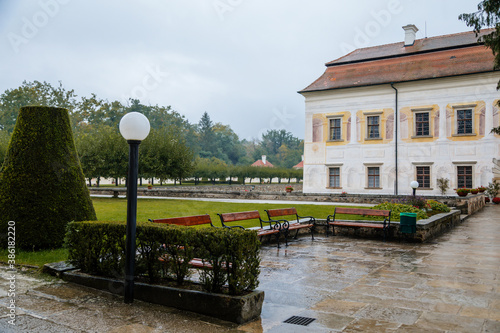 State Chateau Kratochvile, Renaissance residence in watercolor style surrounded by a park and water moat located in South Bohemia, Czech Republic photo