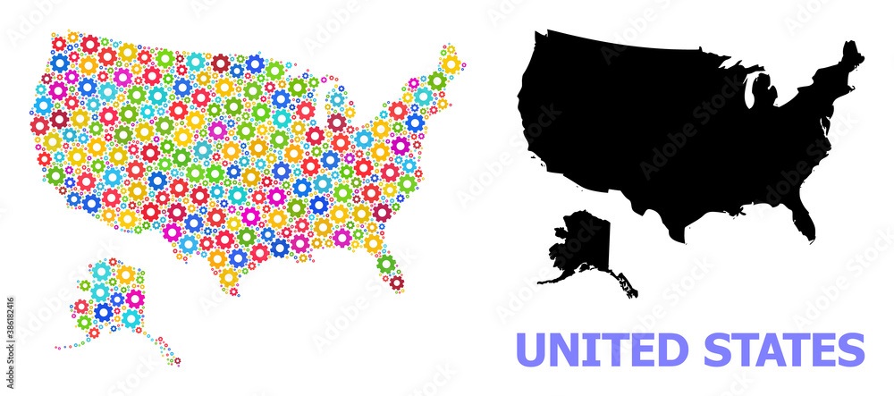 Vector mosaic map of USA and Alaska done for engineering. Mosaic map of USA and Alaska is constructed of scattered bright gears. Engineering components in bright colors.