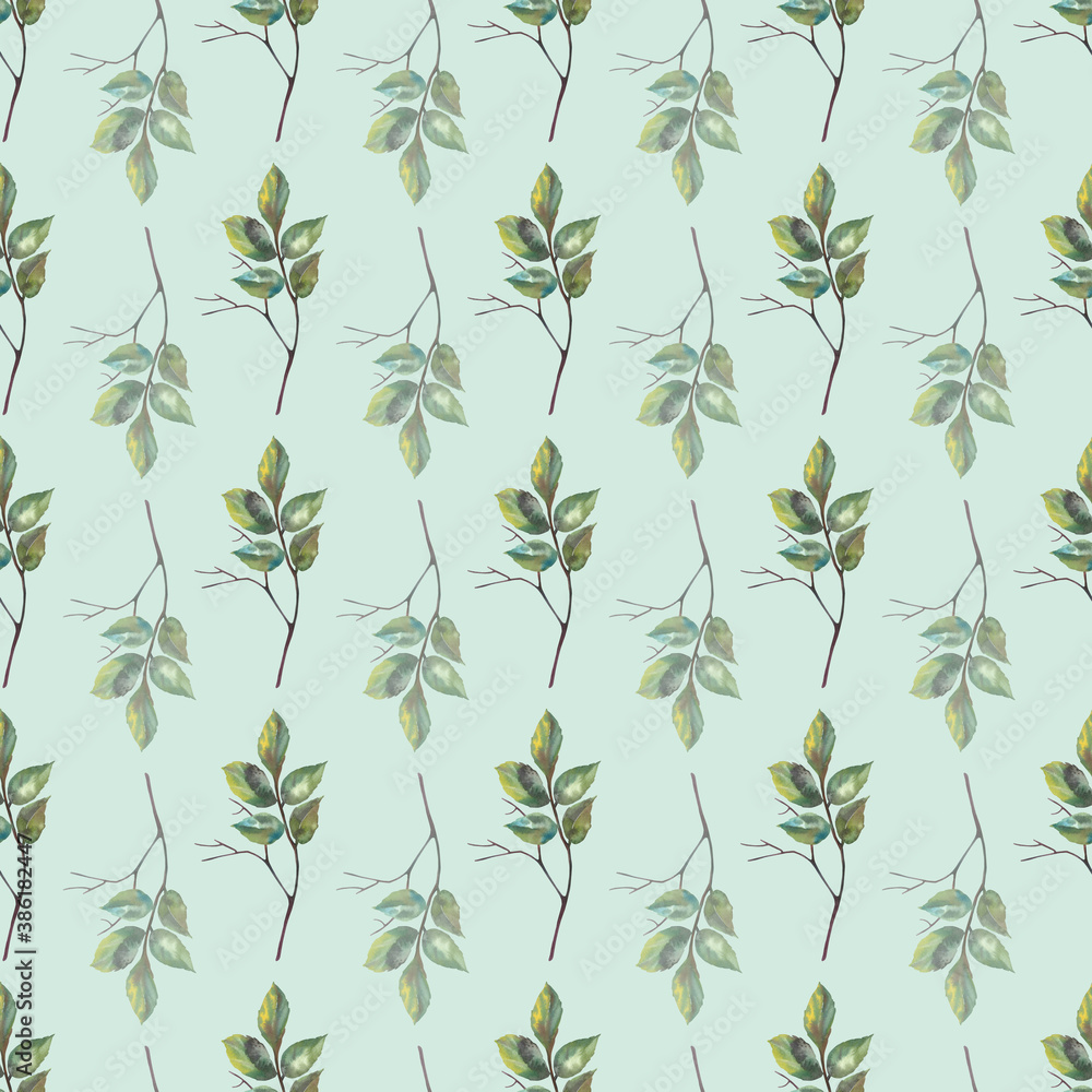 Seamless pattern with watercolor sprigs and leaves on a blue background. For printing wallpapers, fabrics and packaging design. Cute hand-drawn illustration. Seamless pattern with watercolor sprigs and leaves on a blue background. For printing wallpapers, fabrics and packaging design. Cute hand-drawn illustration.