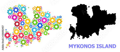 Vector mosaic map of Mykonos Island designed for industrial apps. Mosaic map of Mykonos Island is composed of random bright gear wheels. Engineering components in bright colors.