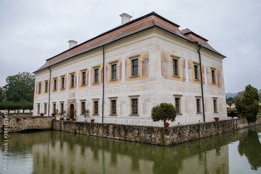 State Chateau Kratochvile, Renaissance residence in watercolor style surrounded by a park and water moat located in South Bohemia, Czech Republic State Chateau Kratochvile, Renaissance residence in watercolor style surrounded by a park and water moat located in South Bohemia, Czech Republic