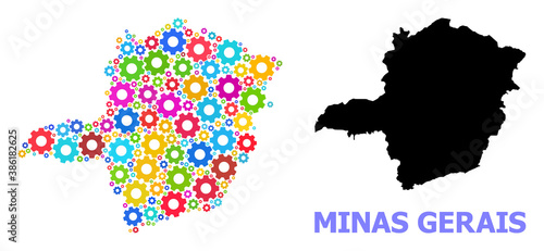 Vector mosaic map of Minas Gerais State combined for engineering. Mosaic map of Minas Gerais State is done from scattered bright gear wheels. Engineering items in bright colors.