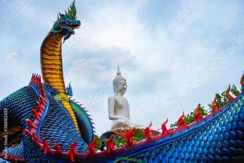 The Blue Naga and the white Buddha statue. Wat Roi Phra Phutthabat Phu Manorom is situated on Phu Manorom, in Tambon Na Si Nuan in the southern part of Amphoe Mueang Mukdahan, Thailand. photo