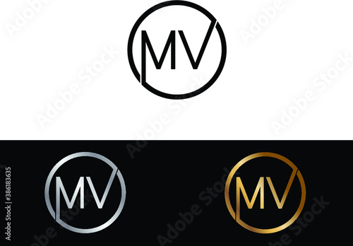 MV Circular Letter Logo with Circle Design and Black red gold color