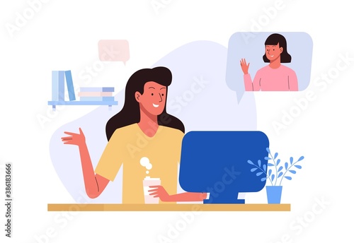 Woman sitting with laptop in a video chat. Online meeting