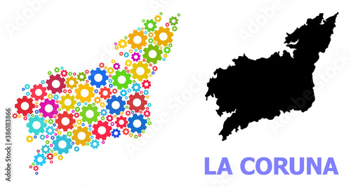 Vector mosaic map of La Coruna Province created for engineering. Mosaic map of La Coruna Province is created of random multi-colored gears. Engineering components in bright colors.