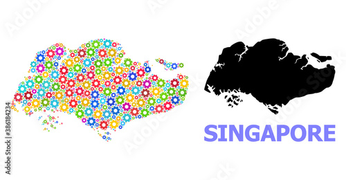 Vector composition map of Singapore done for engineering. Mosaic map of Singapore is constructed of scattered bright gears. Engineering items in bright colors.
