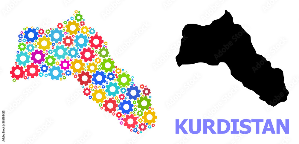 Vector mosaic map of Kurdistan created for mechanics. Mosaic map of Kurdistan is done with scattered colored cogs. Engineering items in bright colors.