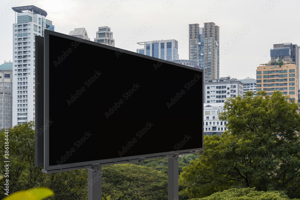 Blank black road billboard with Bangkok cityscape background at day time. Street advertising poster, mock up, 3D rendering. Side view. The concept of marketing communication to promote or sell idea. Blank black road billboard with Bangkok cityscape background at day time. Street advertising poster, mock up, 3D rendering. Side view. The concept of marketing communication to promote or sell idea.