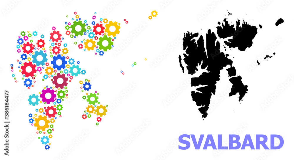 Vector mosaic map of Svalbard Islands combined for mechanics. Mosaic map of Svalbard Islands is designed with scattered bright cogs. Engineering components in bright colors. Vector mosaic map of Svalbard Islands combined for mechanics. Mosaic map of Svalbard Islands is designed with scattered bright cogs. Engineering components in bright colors.