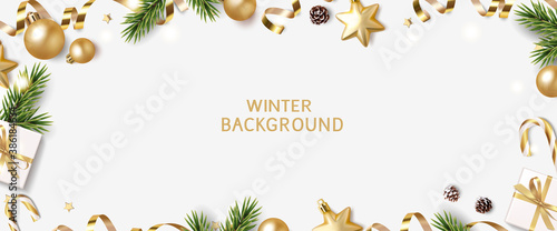 New Year and Christmas design template. Winter background with decorative golden balls and stars. Vector illustration