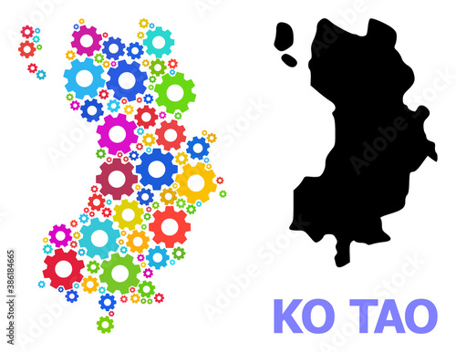 Vector mosaic map of Ko Tao designed for engineering. Mosaic map of Ko Tao is constructed of randomized colorful wheels. Engineering components in bright colors.