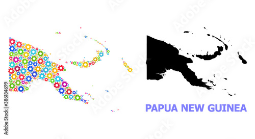 Vector mosaic map of Papua New Guinea organized for workshops. Mosaic map of Papua New Guinea is made from scattered bright wheels. Engineering components in bright colors. photo