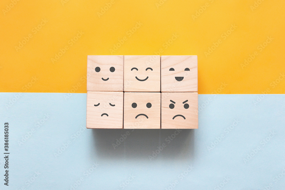 Image of different emotions on wooden cubes. - obrazy, fototapety, plakaty 