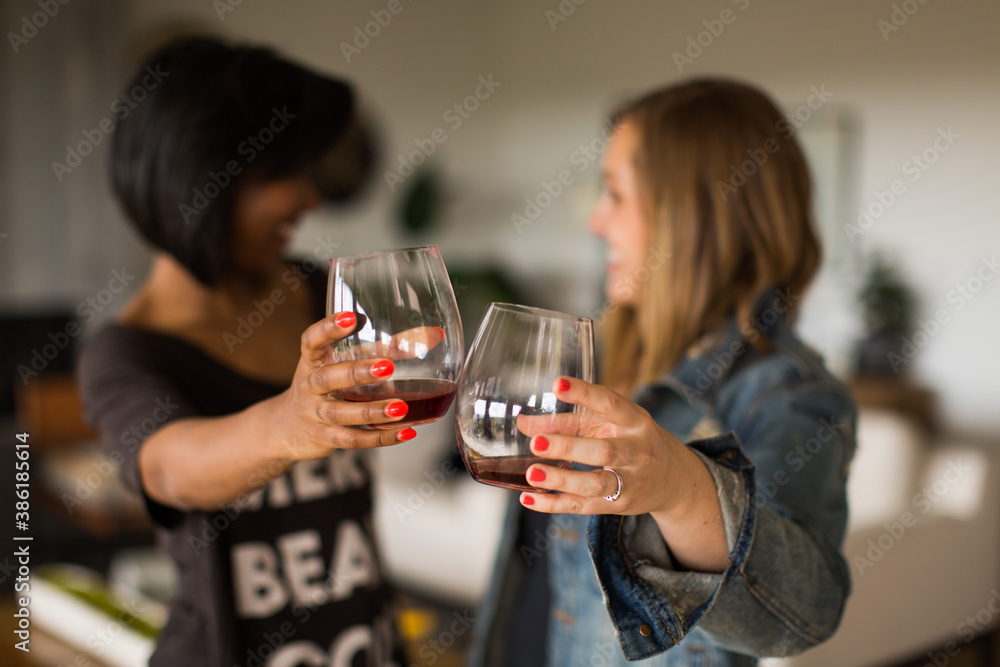 Cheers white woman black woman wine glasses blurry background Cheers white woman black woman wine glasses blurry background