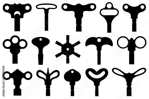 Collection of different wind up keys isolated on white