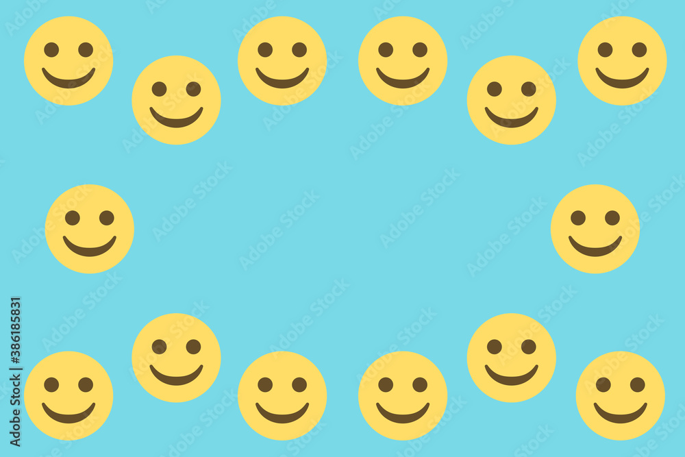 smiley emoji faces on light blue background copy space,picture frame,vector illustration