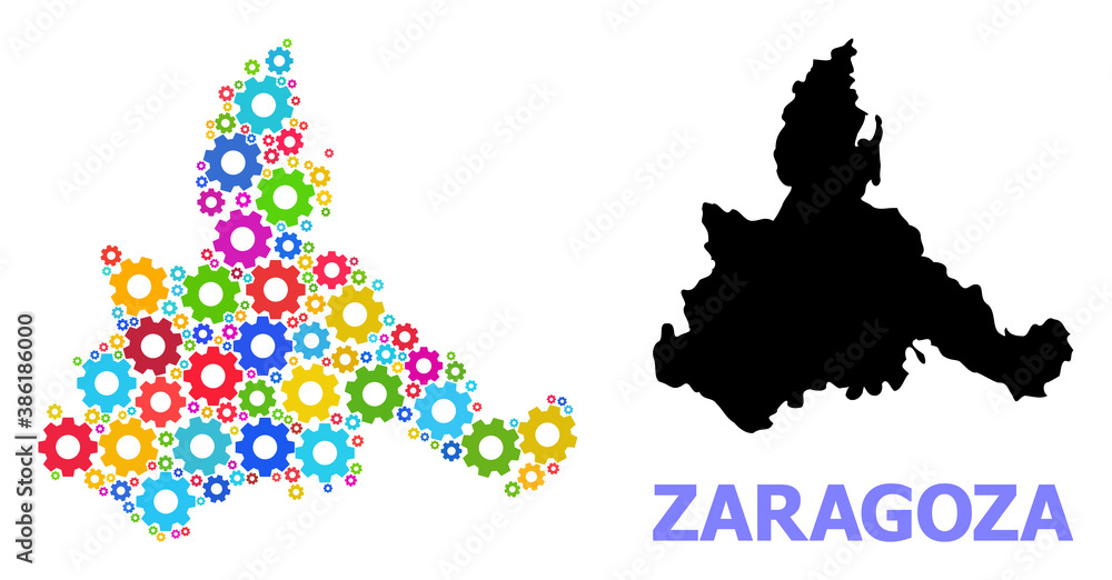 Vector mosaic map of Zaragoza Province organized for services. Mosaic map of Zaragoza Province is organized of scattered bright gear wheels. Engineering components in bright colors.
