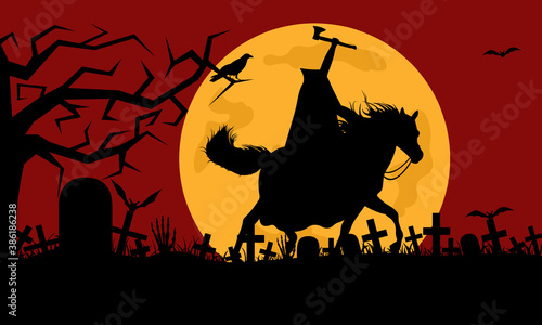 Headless man riding a horse in a cemetery with red in background