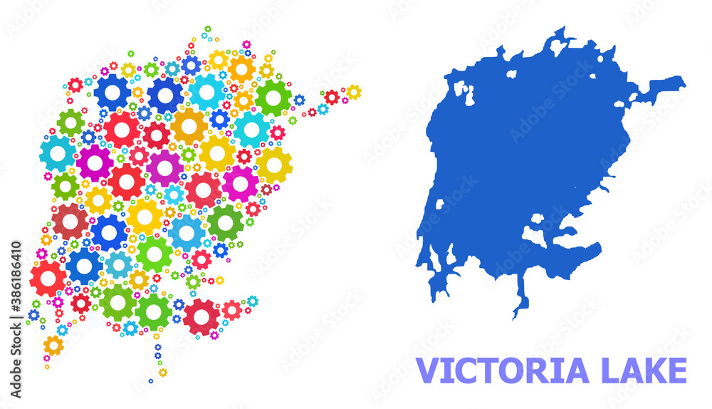 Vector mosaic map of Victoria Lake constructed for industrial apps. Mosaic map of Victoria Lake is constructed from scattered colorful cogs. Engineering components in bright colors. Vector mosaic map of Victoria Lake constructed for industrial apps. Mosaic map of Victoria Lake is constructed from scattered colorful cogs. Engineering components in bright colors.
