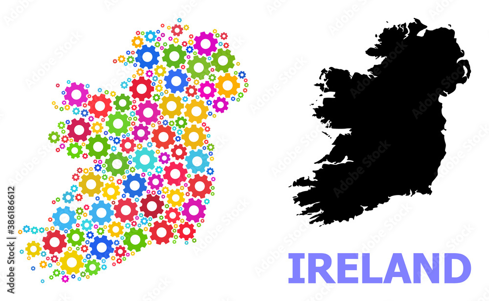Vector mosaic map of Ireland Island done for services. Mosaic map of Ireland Island is organized with randomized bright cogs. Engineering items in bright colors.