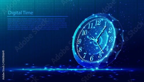 Vector low poly polygonal background of time, round watch.