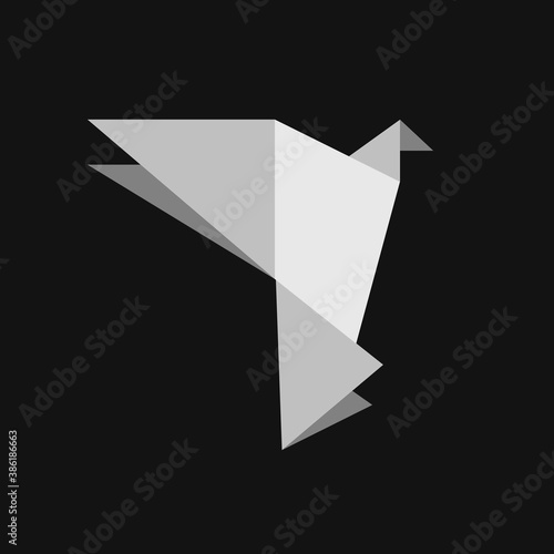 Grey Origami bird vector icon. Bird paper simple solid icon. Isolated on black background