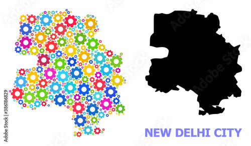 Vector composition map of New Delhi City done for engineering. Mosaic map of New Delhi City is done with randomized colorful cogs. Engineering items in bright colors.