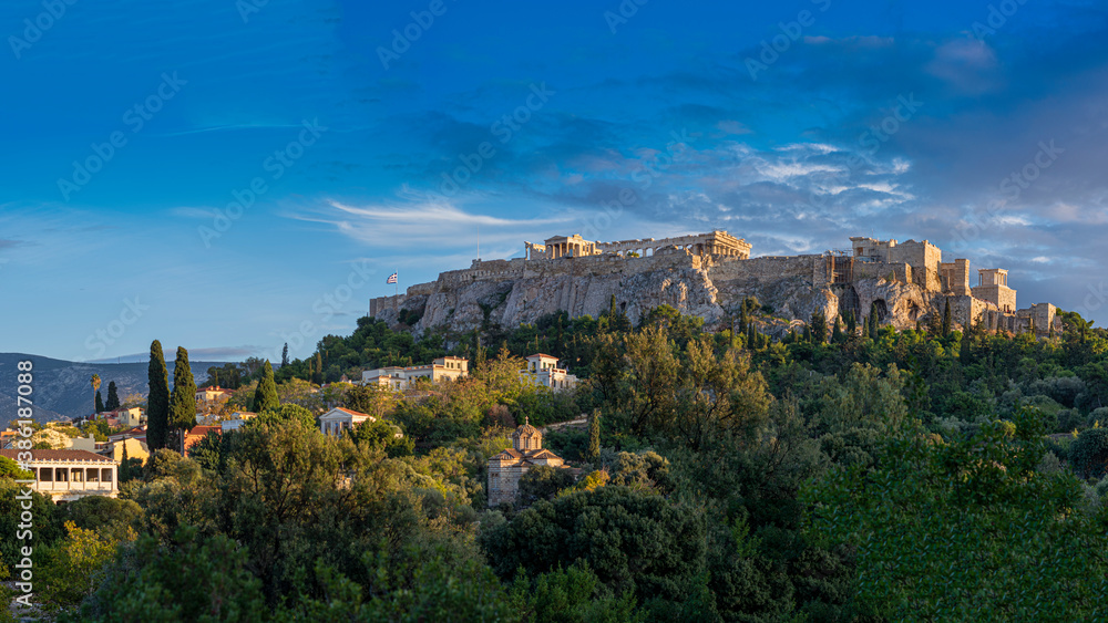Beautiful panoramic view of Greece and the hill where the Acropolis and the Parthenon are located in Athens