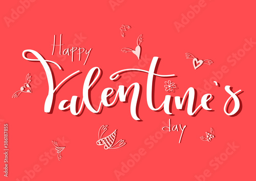 Happy Valentines Day handwritten calligraphy text with flying hearts