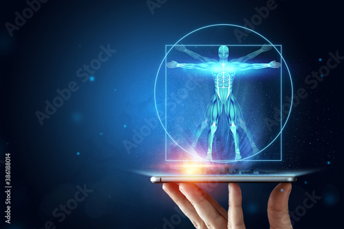 Photos Hologram Vitruvian man, the structure of human muscles, biology of the muscular system