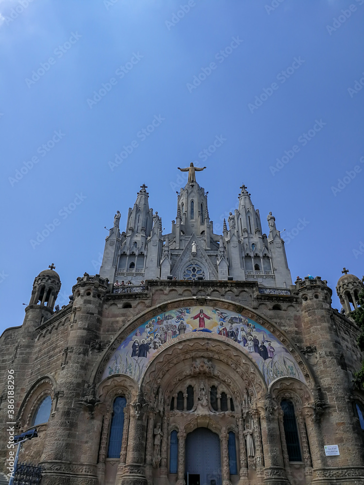 View of cathedral in Barcelona Spain Europe with blue sky backdrop 