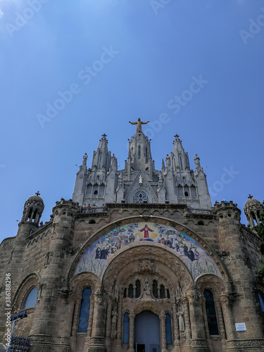 View of cathedral in Barcelona Spain Europe with blue sky backdrop 