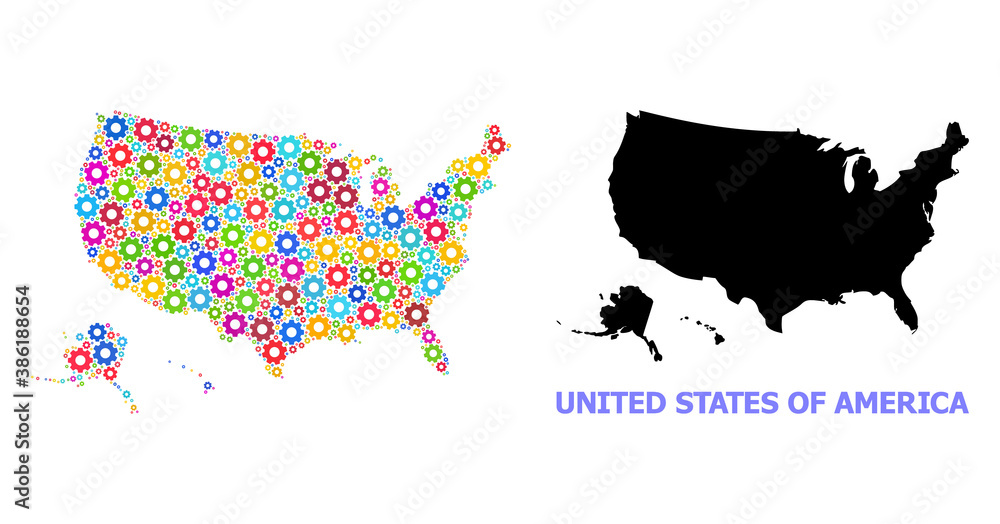 Vector collage map of USA territories designed for workshops. Mosaic map of USA territories is designed from scattered bright gear wheels. Engineering items in bright colors.