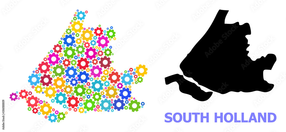 Vector collage map of South Holland done for engineering. Mosaic map of South Holland is formed with scattered bright cogs. Engineering components in bright colors.