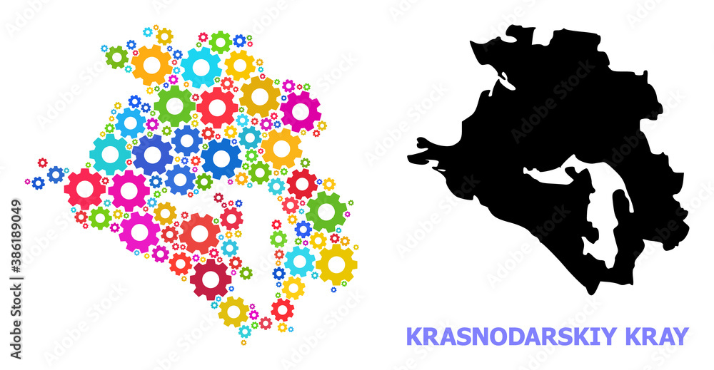 Vector composition map of Krasnodarskiy Kray done for engineering. Mosaic map of Krasnodarskiy Kray is done of scattered colored gears. Engineering components in bright colors.