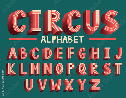 Retro Red Colored Vintage Text 3D Effects, Font Typeset Vector lettering set.ABC for casino, circus or cinema.